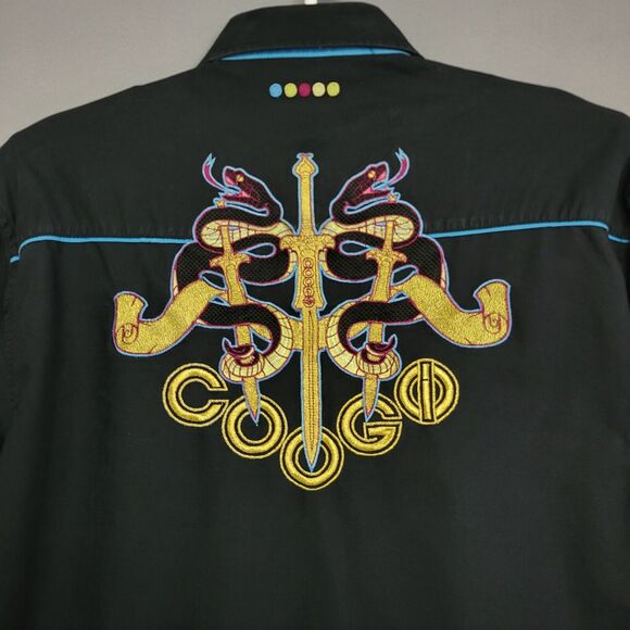 Coogi Embroidered Snake Button Front Shirt Mens XXXL Black Gold Long Sleeves - Picture 2 of 15